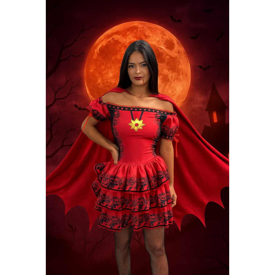Fantasia  Halloween Vampira Estampa Viva Temático Para Festa Escolar Peça Pronta Entrega