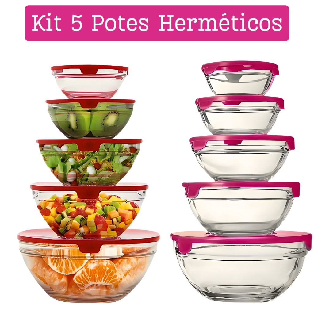 Conjunto Tigela De Vidro Bowl Marmita  Com Tampa 5 Potes Com Tampa Conserva O Alimento