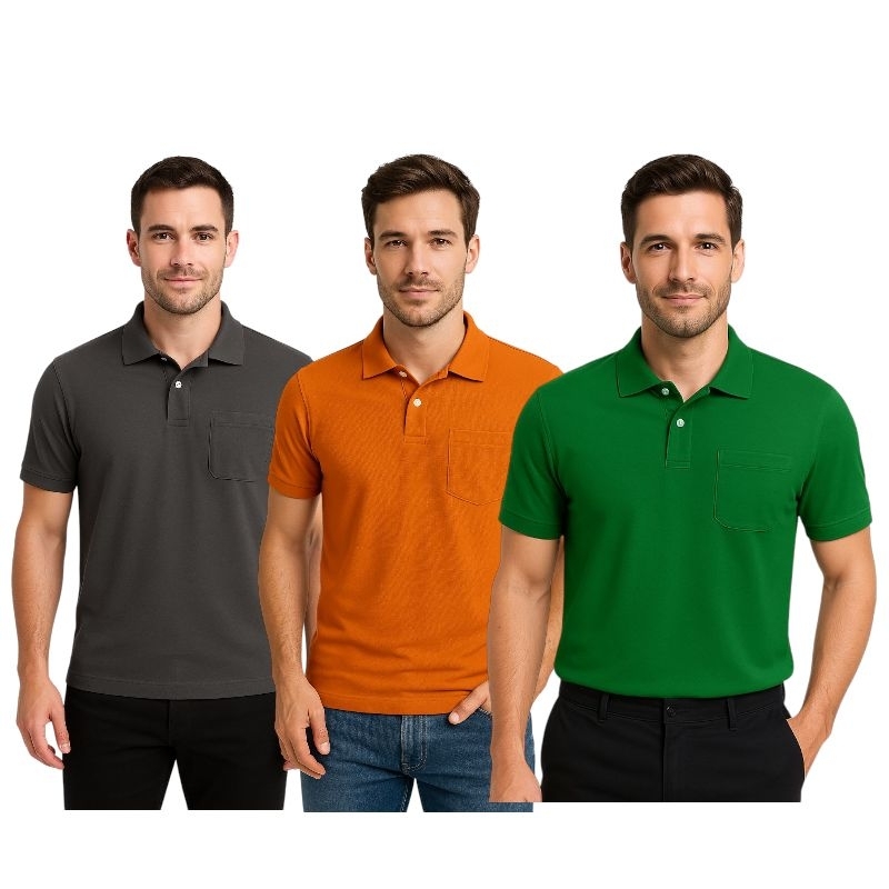 Kit 3 Camisa Polo Masculina Piquet Poliéster com Bolso Gola Polo Básica Confortável / REF:533