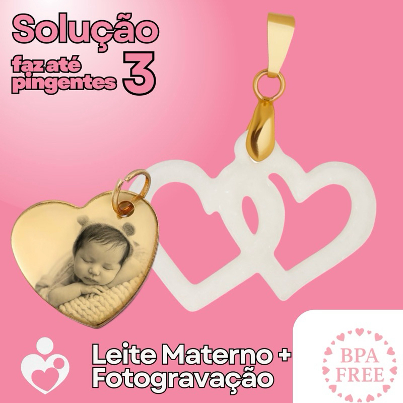 Faça Você Mesmo Pingente 2 Corações Joia de Leite Materno - Presente pra Mamães - Pós Parto - Biojoia - Fotogravação