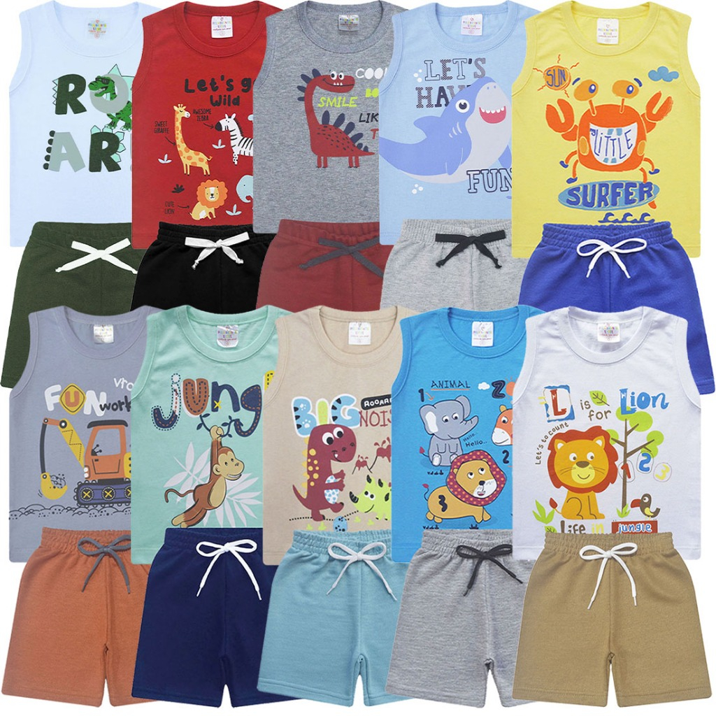 Kit 5 Conjuntos Regata Bebê e Infantil Cores Sortidas.