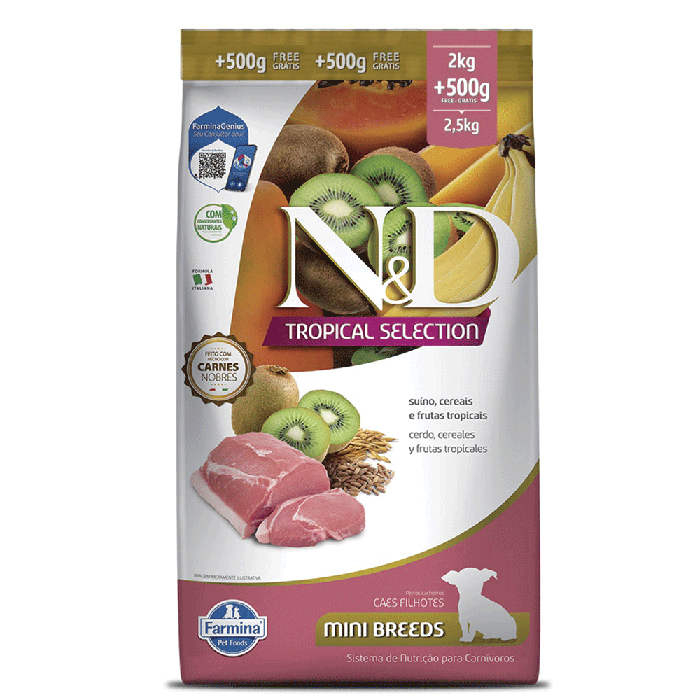 Ração N&D Tropical Selection Cães Puppy Mini Suíno 2 kg + 500g
