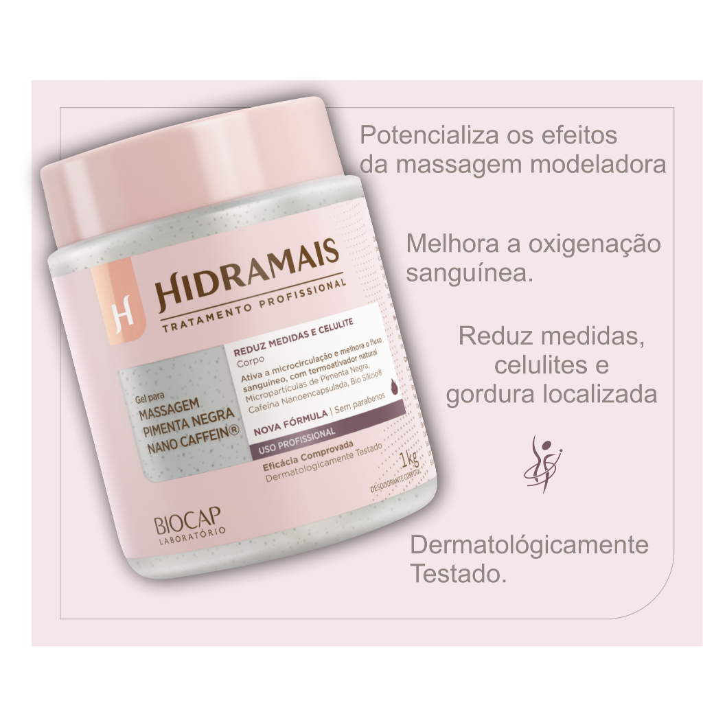 Gel de Pimenta Negra Nano Caffein 1kg Hidramais - Modelador e Redutor de Medidas, Celulite e Gordura Localizada