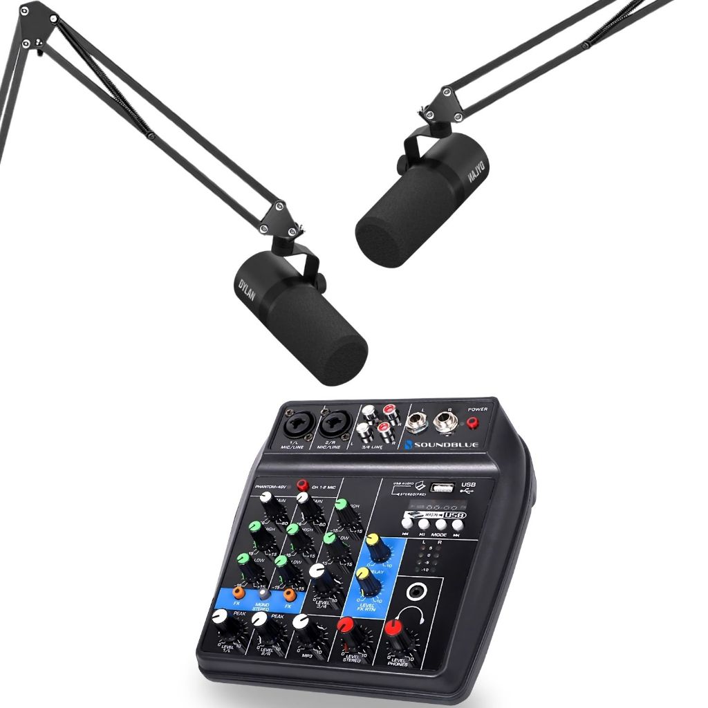 Kit 2 Microfones Podcast Profissional Condensador Cardioide Dylan + Mesa Som 4 Canais Usb mixer Efeitos Combo + Suportes