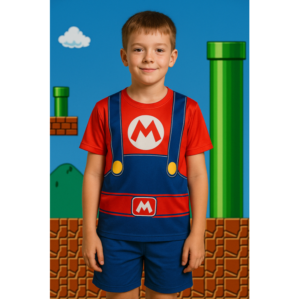 Conjunto Masculino Mario Bros Infantil e Adulto – Fantasia para Carnaval