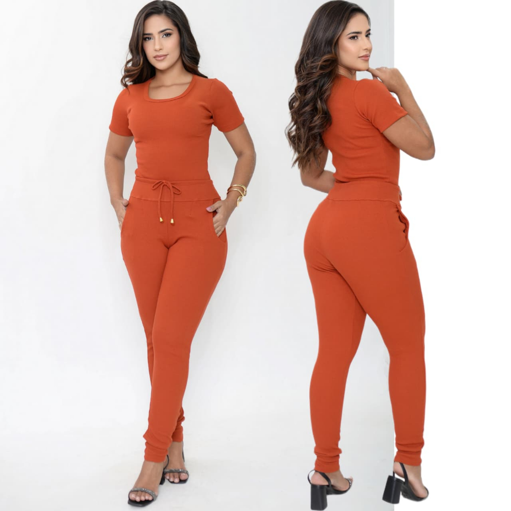 Conjunto Feminino Calça e Blusa Canelado Premium Algodão Com Elastano
