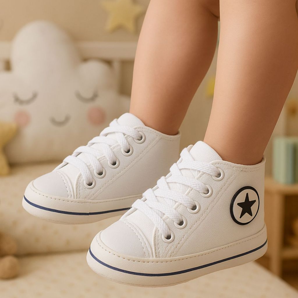 Tênis Infantil Cano Alto Branco Unissex Casual Confortável Detalhe de Estrelinha Estiloso Bebê Criança em Oferta na Shopee
