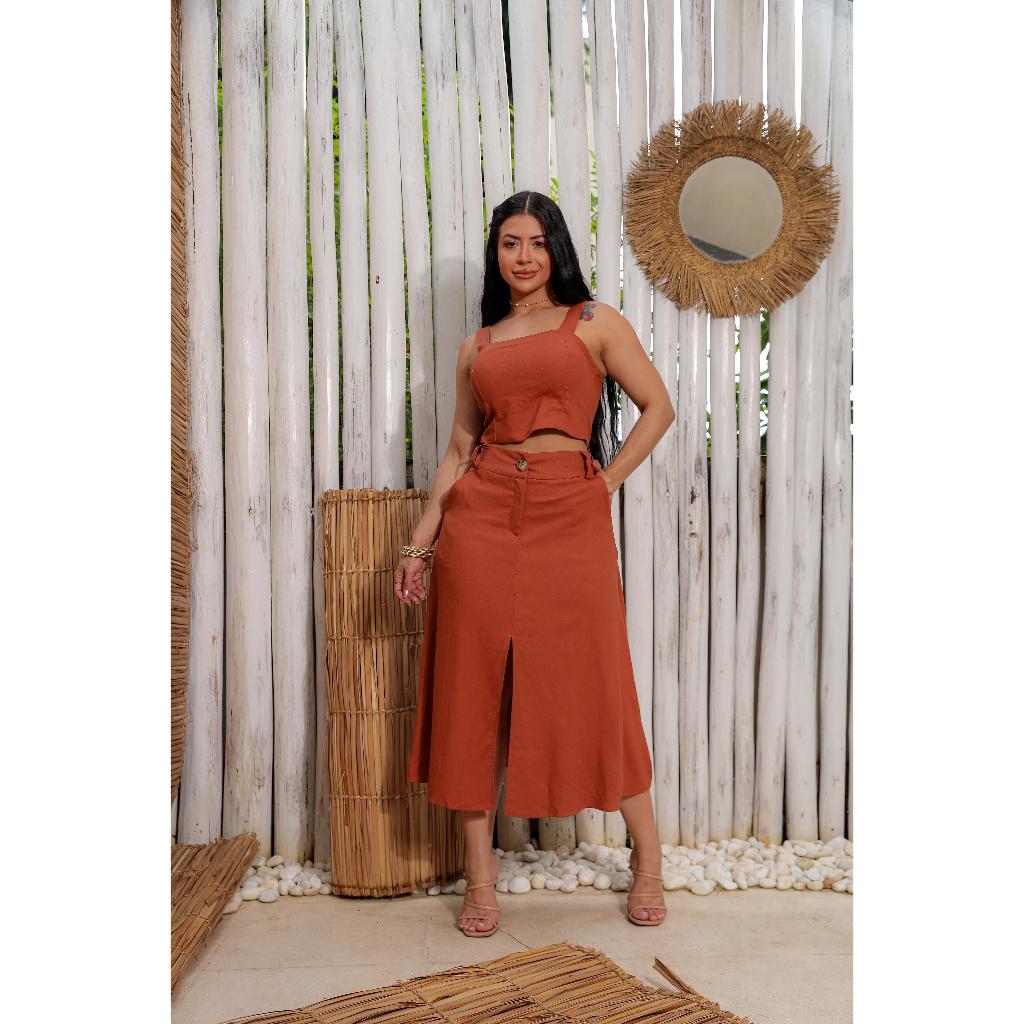 Conjunto Feminino Saia Midi e Cropped Alça Larga em Oferta na Shopee