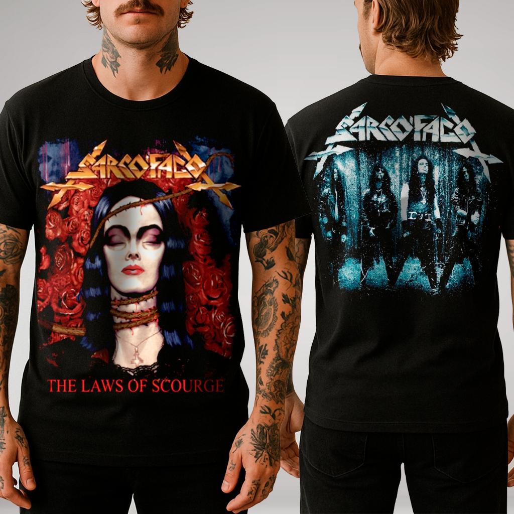Camiseta Oficial Sarcófago - The Laws Of Scourge - Brutal Wear em Oferta na Shopee