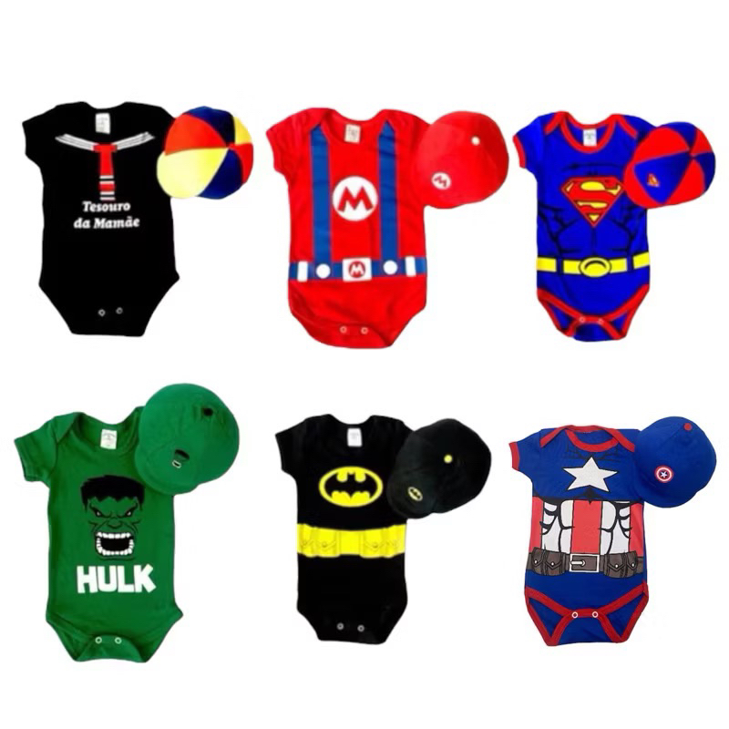 kit 2 peças body+Boina de bebê temáticos e personagens, body bebê mêsversário-roupas infantil