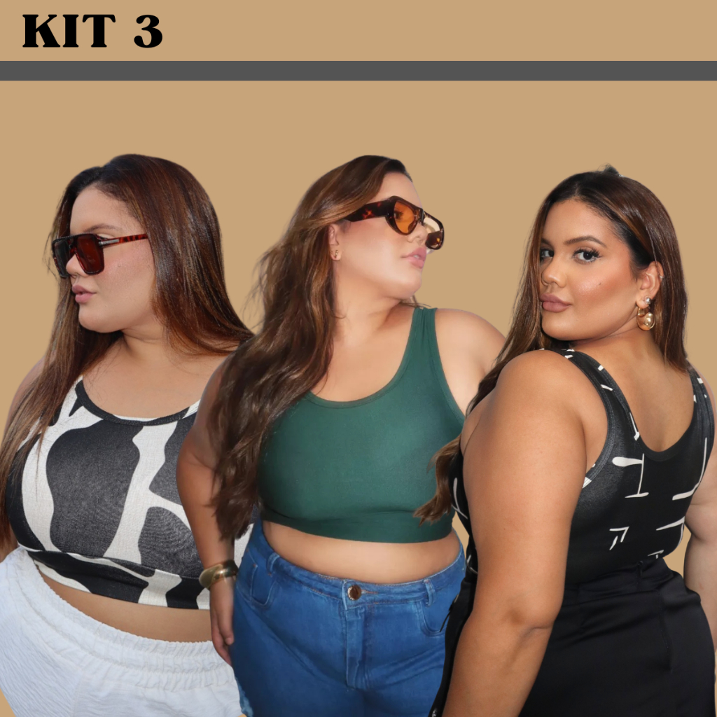 Kit 3 Tops Regata Feminino Plus Size Academia Verão Croped Tamanho Unico 44 ao 50