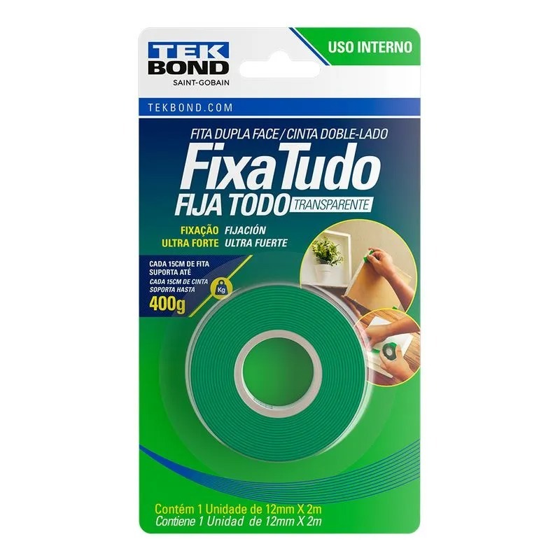 Fita Dupla Faxe Fixa Tudo Transparente 12mm x 2m - Tek Bond