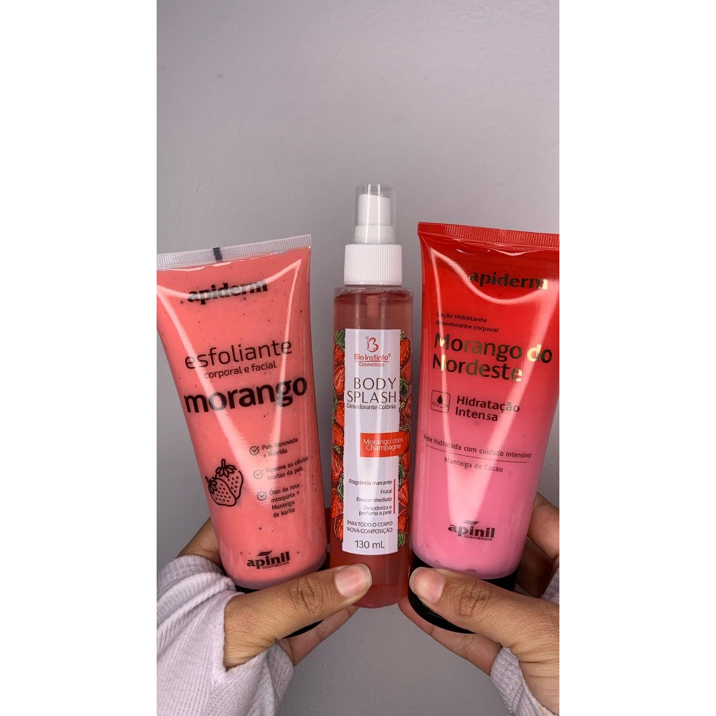Kit Morango – Esfoliante Corporal e Facial + Hidratante Corporal + Body Splash Morango com Champagne em Oferta na Shopee