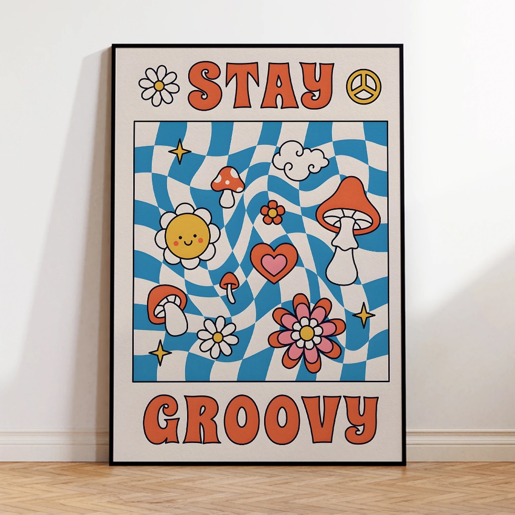 Quadro decorativo Azul quadriculado Stay groove flores e cogumelos (1 peça)
