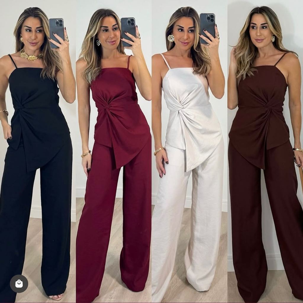 YAN FASHION Conjunto Feminino Elegante Alfaiataria Pantalona Blusa Nó Frente Sofisticado em Oferta na Shopee