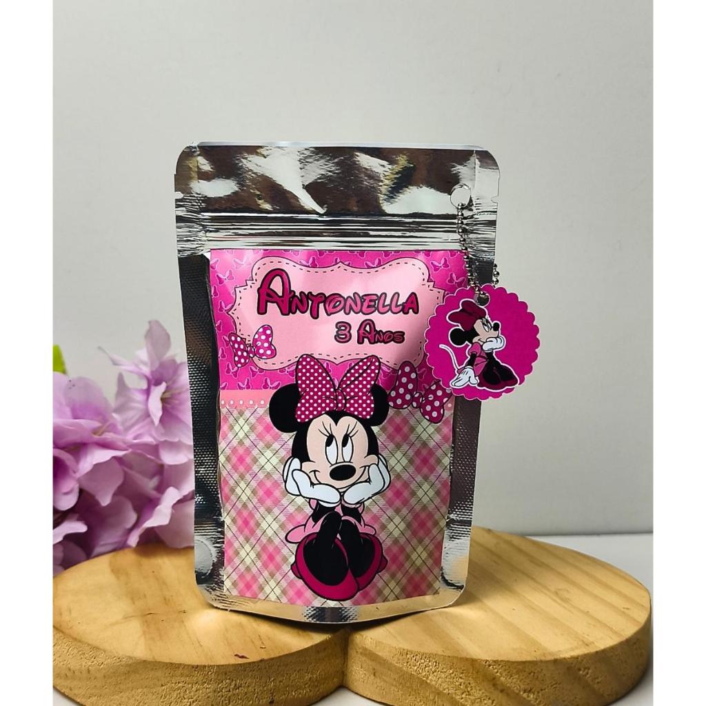 Saquinho Ziplock Personalizado Minnie 10x15cm com Tag | Saco ziplock lembrancinha