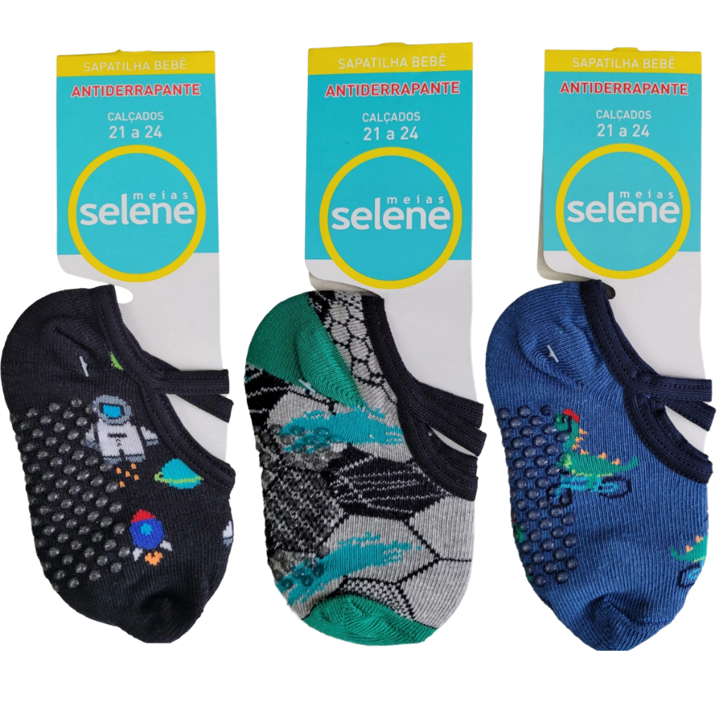 Kit 3 Pares Meias Sapatilha Antiderrapante Proteção Bebe Menina Menino Selene em Oferta na Shopee