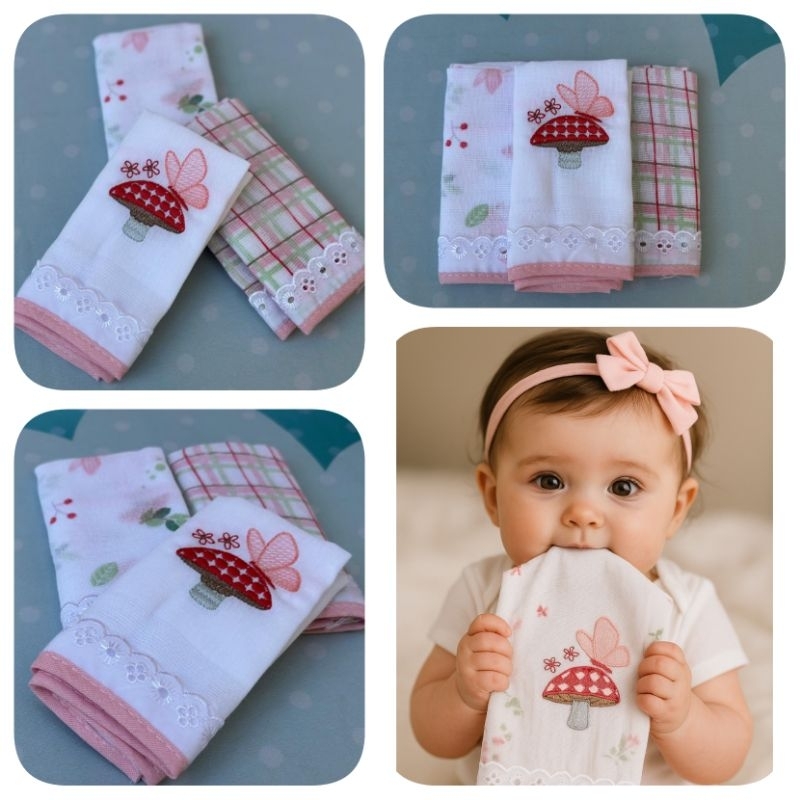 kit Bebê 3 Unidades Panos de Boca 100% Algodão Fralda 32cm x 32 cm Maternidade Higiene Macio