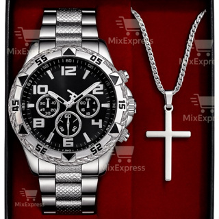 Kit Relógio Masculino Aço Inoxidável + Corrente Prata com Cruz Crucifixo em Oferta na Shopee