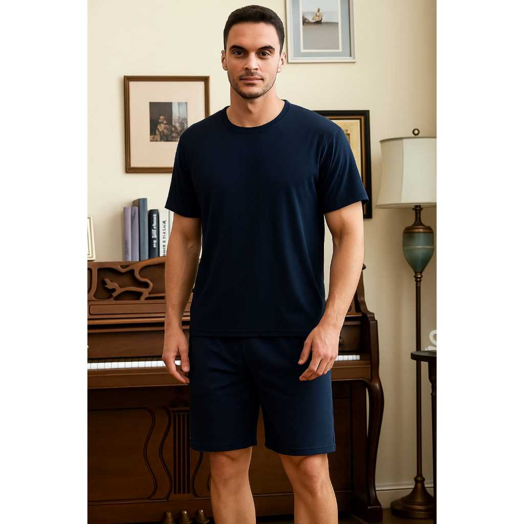 Pijama masculino verão camisa / camiseta com manga curta e short / bermuda cor lisa