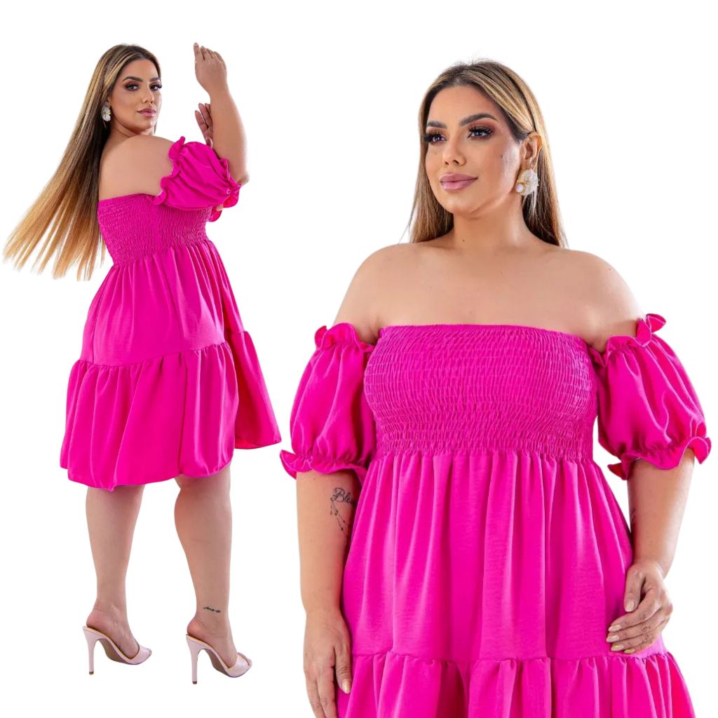 Vestido Curto Plus Size Moda Maior Manga Curta 2 Marias no Crepe Dunas Plis em Oferta na Shopee