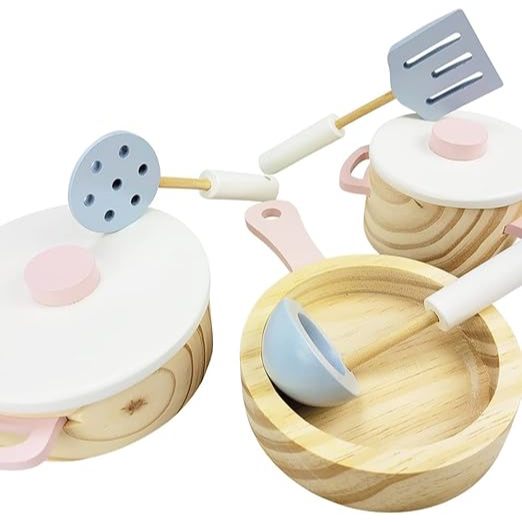 Kit Panelinhas Fogão Cooktop e utensílios Infantil Madeira Rosa - NewArt