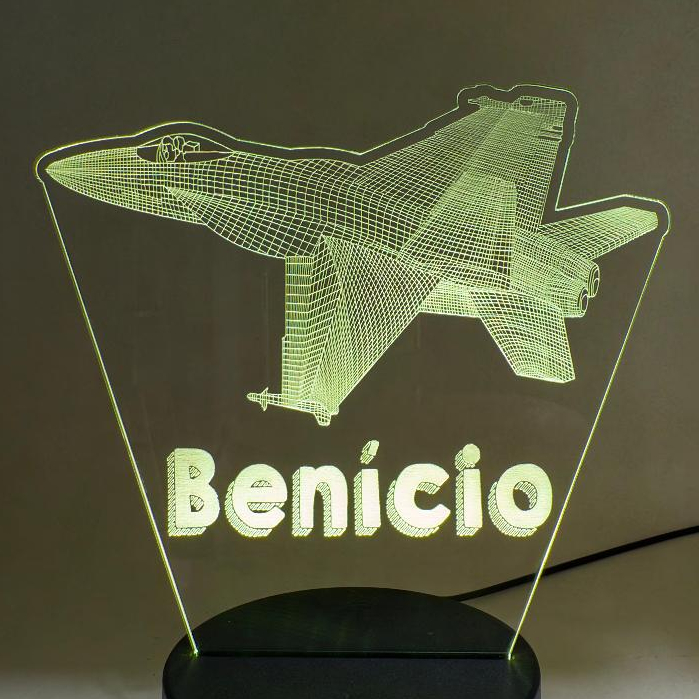 Luminaria avião de caça a jato personalizada para quarto em acrilico de 3mm com base de led RGB