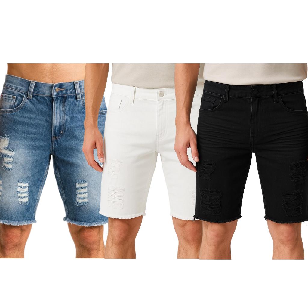 Kit 3 Bermuda Jeans rasgada masculino c/ lycra