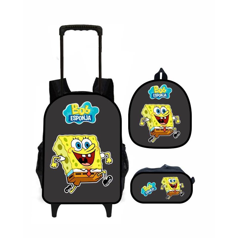 kit escolar Bob Esponja calça quadrada mochila com carrinho lancheira e estojo
