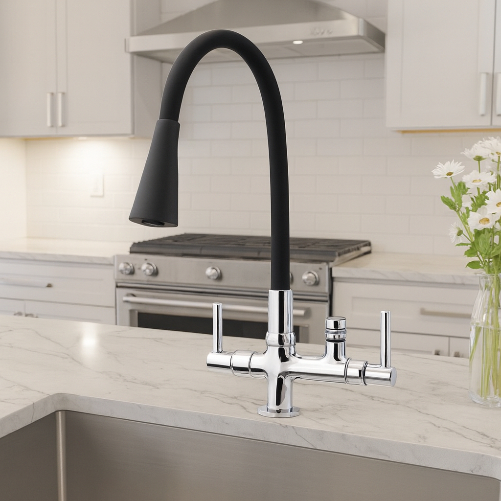 Torneira para pia de cozinha gourmet preta de Metal/Ducha Flexível/Máquina e Purificador 1/4 a 3/4"