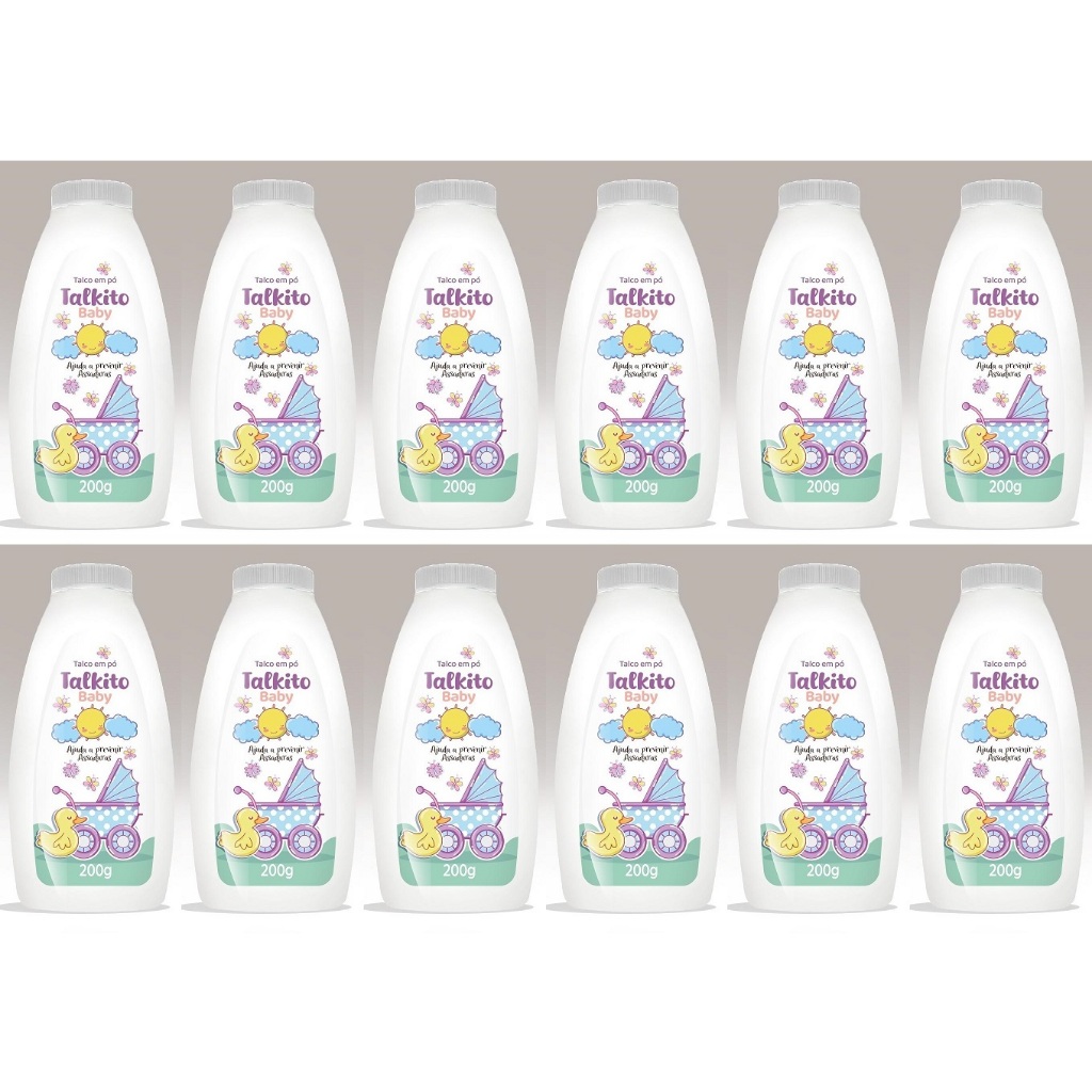 Kit c/ 12un Talco em Pó Talkito Baby Premium 200gr Cada