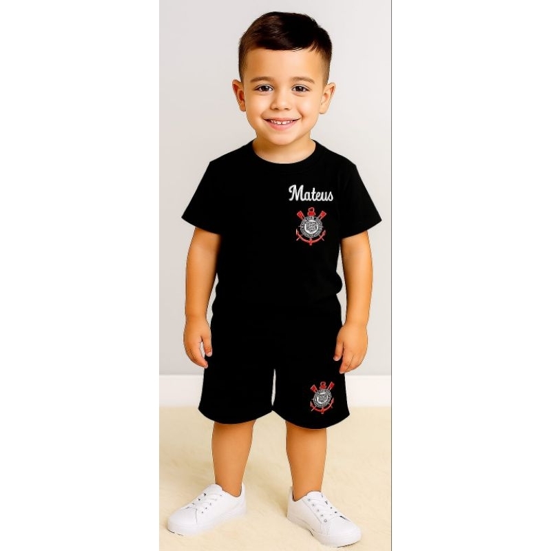 conjunto de short e camiseta bebê e criança preto com nome bordado em Oferta na Shopee
