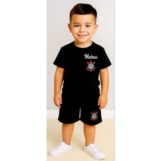 conjunto de short e camiseta bebê e criança preto com nome bordado em Oferta na Shopee