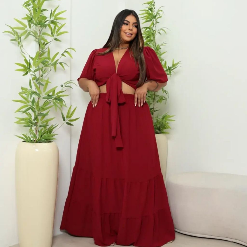 Conjunto Saia Plus Size Longo Ate 54 Premium Manga Festa em Oferta na Shopee