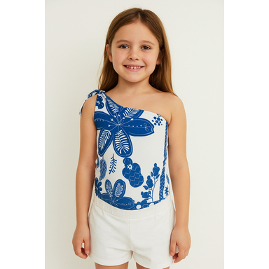 Body Infantil Menina 8 anos Feminino Estampado Flores Azul e branco Mini bloguerinha estampa Inspiração