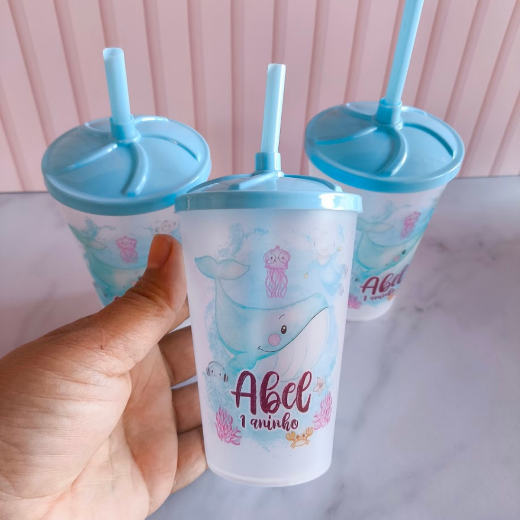 Copo Personalizado Fundo do Mar 300ml Lembrancinha Festa Infantil | Copo Ecológico com Tampa e Canudo