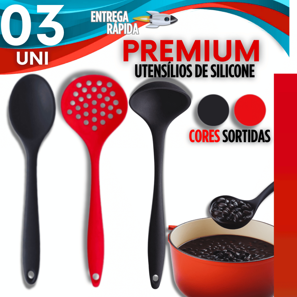 Kit Silicone Colher de Arroz + Escumadeira + Concha de Feijão Caldo Preta ou Vermelha PROMOÇÃO