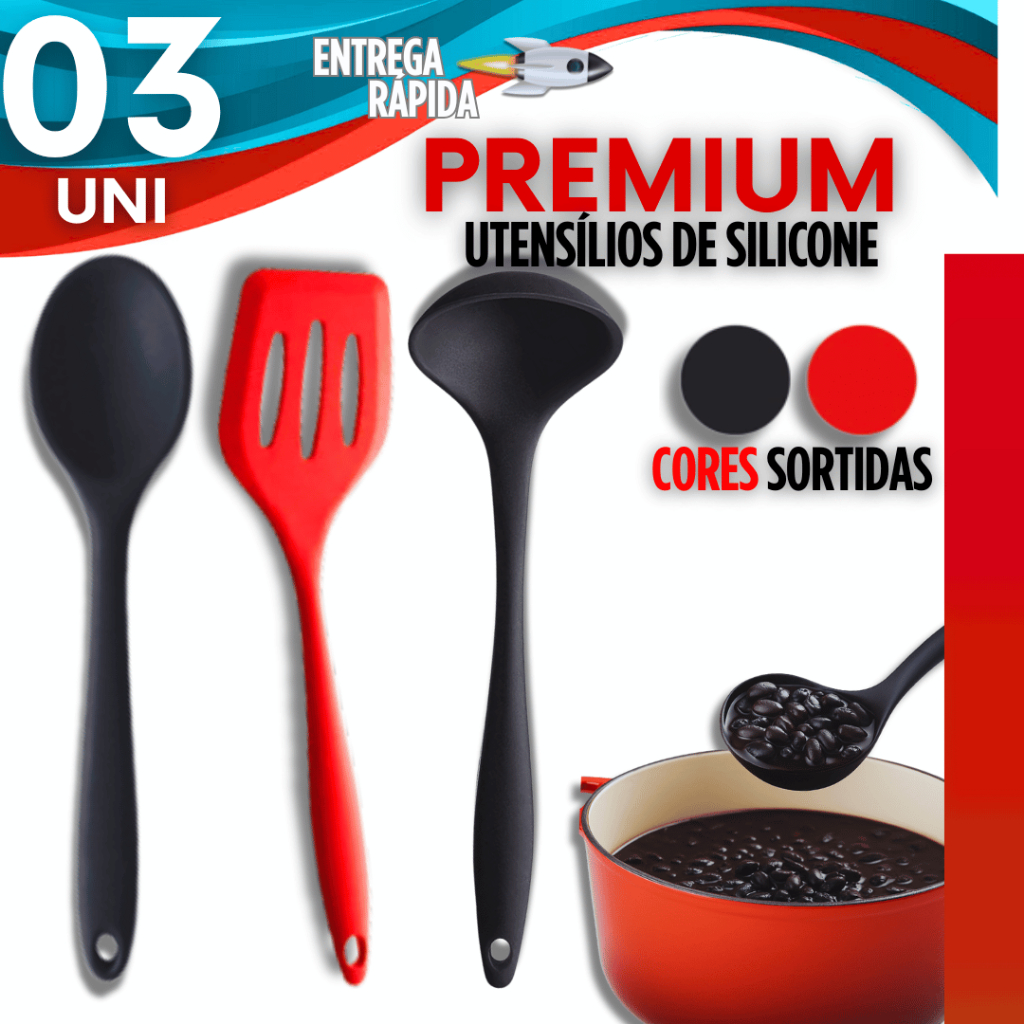 Kit Silicone Colher de Arroz + Espátula Vazada + Concha de Feijão Caldo Vermelha ou Preta PROMOÇÃO