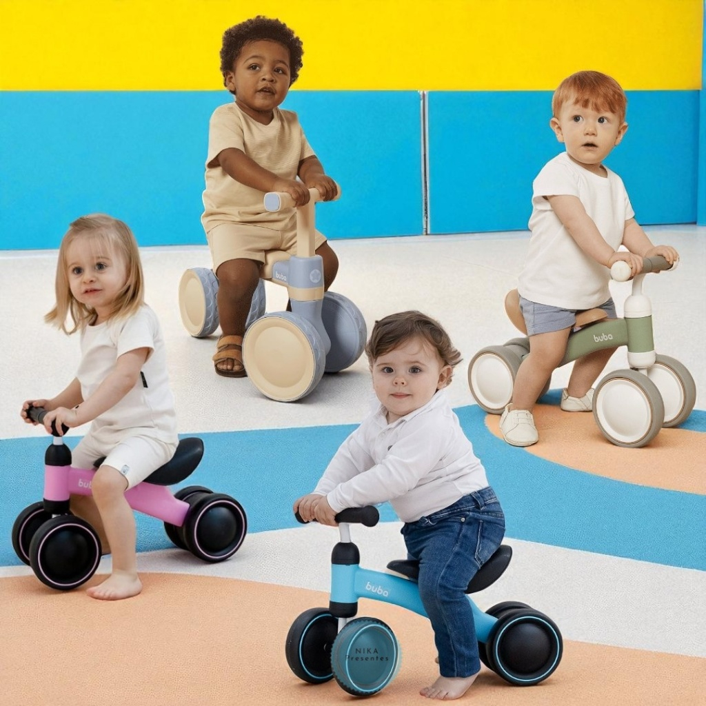 Bicicleta de Equilíbrio Bebê 4 Rodas Sem Pedal BUBA - Cores: Azul  |  Rosa  |  Verde