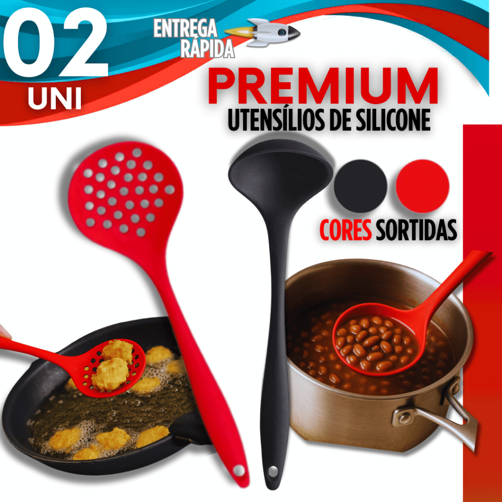 Escumadeira + Concha de Silicone Para Arroz Fritura Furada Preta ou Vermelha Alta Qualidade PROMOÇÃO