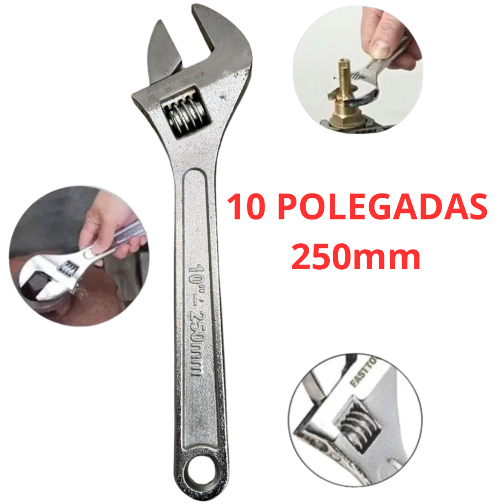 Chave Inglesa Boca Ajustável 10 Polegadas 250mm Aço Cromado Profissional Reforçada Tubos Conexões