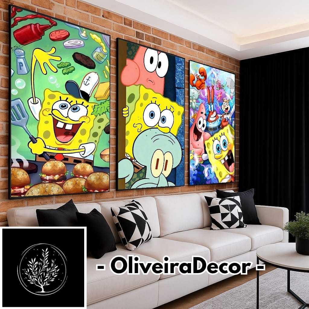 Placas Decorativas Desenho Animado Bob Esponja ANIMAÇÃO 3 Peças Decorar Sala Quarto Escritório