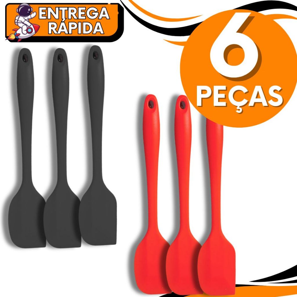 KIT JOGO 6 Espátula De Silicone Pão Duro 27cm – Espátula Raspadora Premium Não Risca Panela para Cozinha, Confeitaria