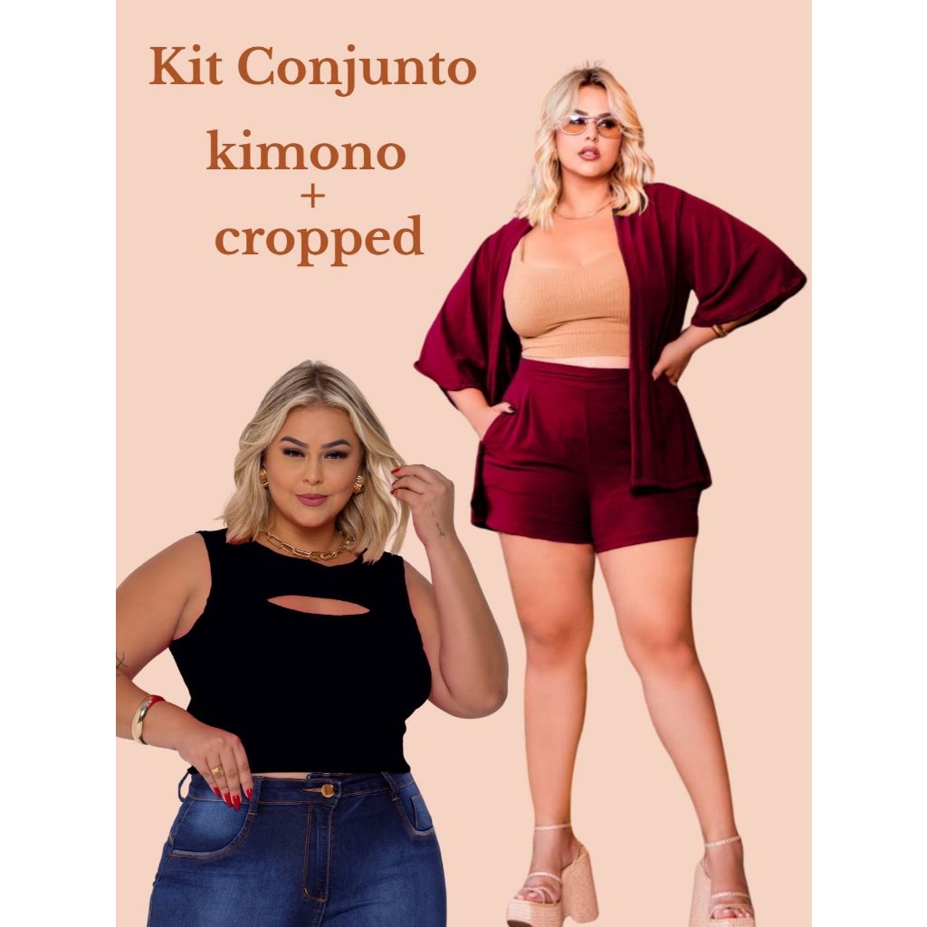 Kit Conjunto Kimono e Short + Cropped Feminino Plussize Verão Modinha Elegante Conforto