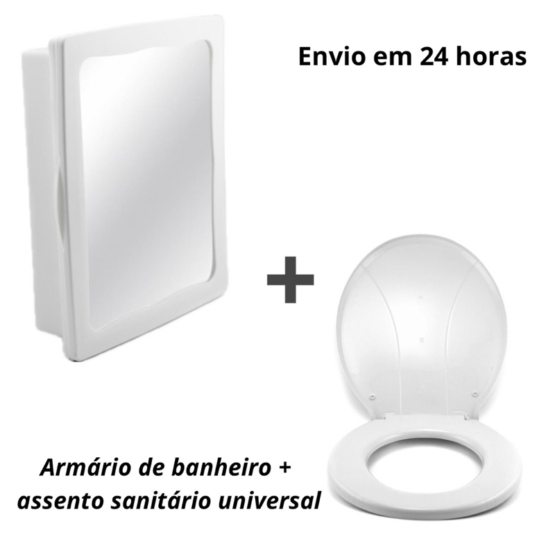 Kit Banheiro Armário C/ Espelho Sobrepor + Assento Sanitário Universal Branco ou Preto