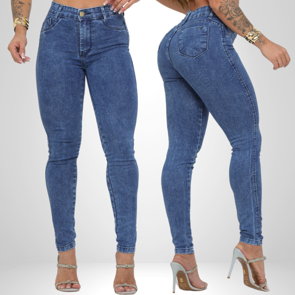 Calça Jeans Feminina Com Lycra Elastano Cós Alto Modelagem Empina Bumbum Justa ao Corpo em Oferta na Shopee