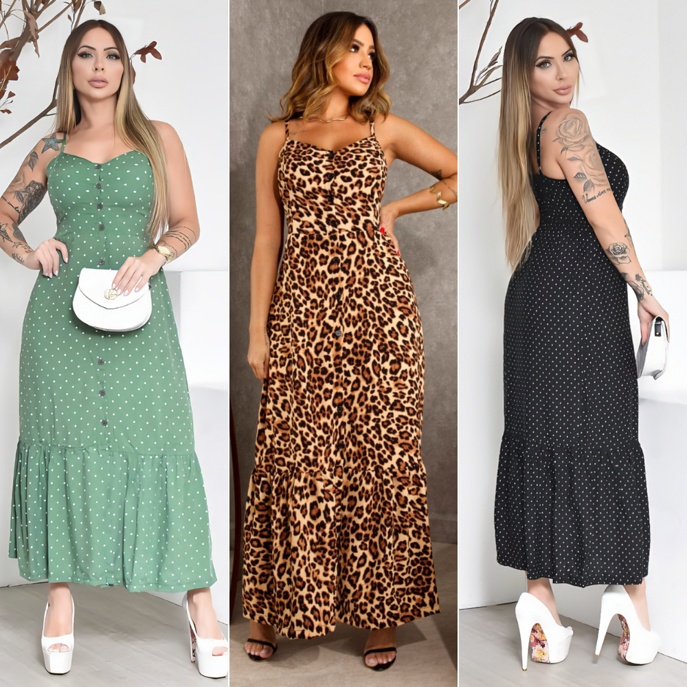 Vestido Longo Feminino Elegante e Confortável com Regulador, Bojo, Forro, Botão Frontal e Babado