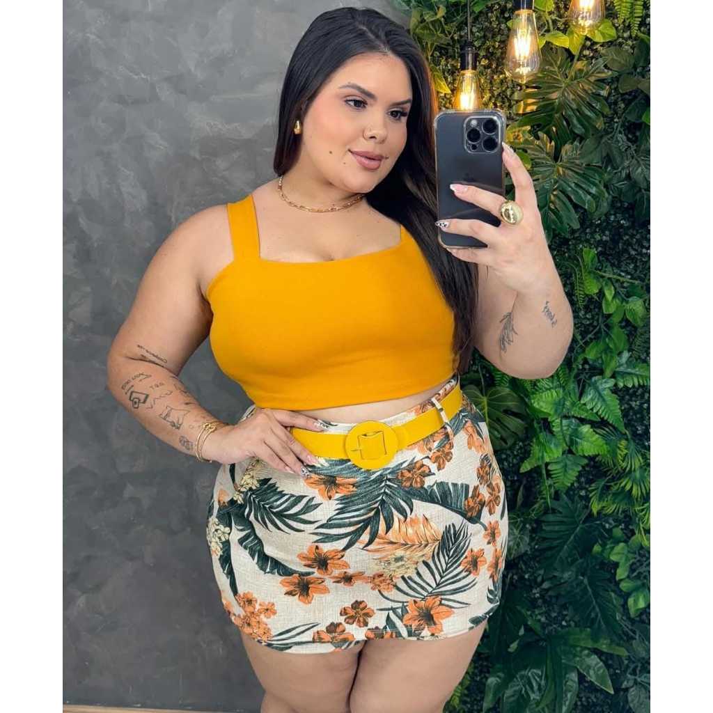 Conjunto Feminino Blusa Cropped + Short Saia Com Cinto Plus Size -Conjuntinho Plus Curve em Oferta na Shopee