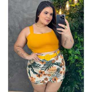 Conjunto Feminino Blusa Cropped + Short Saia Com Cinto Plus Size -Conjuntinho Plus Curve em Oferta na Shopee