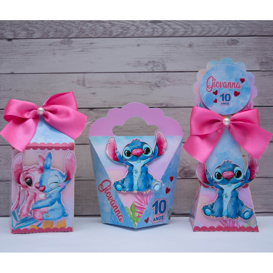 Caixinhas 3D personalizadas STITCH E ANGEL (pegue monte) caixas lembrancinhas maleta triangulo com alça milk piramide